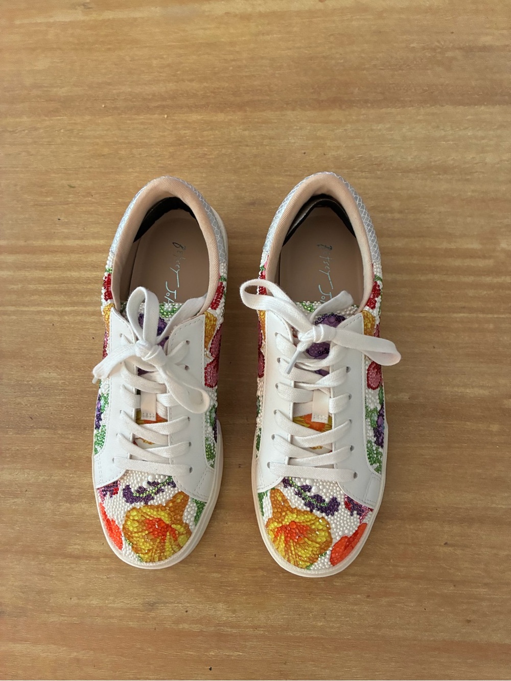 Betsey Johnson White Sneakers with Multicolor Floral Beading